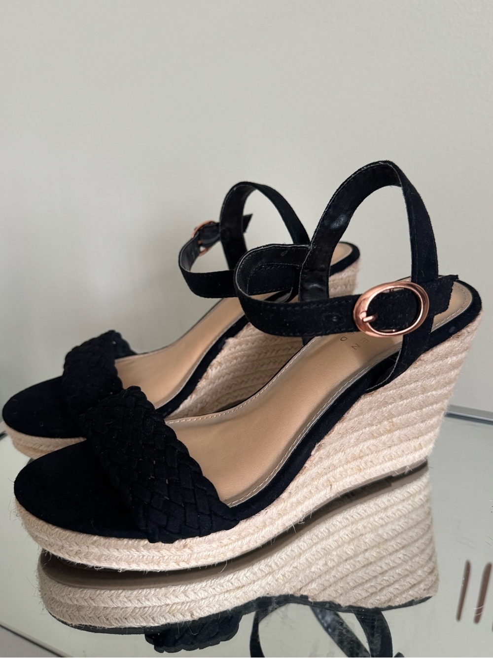 LC Lauren Conrad Black Braided Espadrille Wedge Sandals